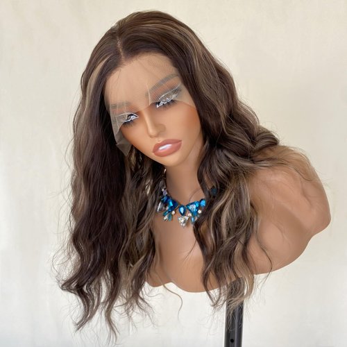 VASTCURY Auburn Brown 13x4 Front Lace Wig Mixed Ash Blonde Body Wave 4/27 Colored Synthetic Fiber Piano Wigs 18Inch for Women