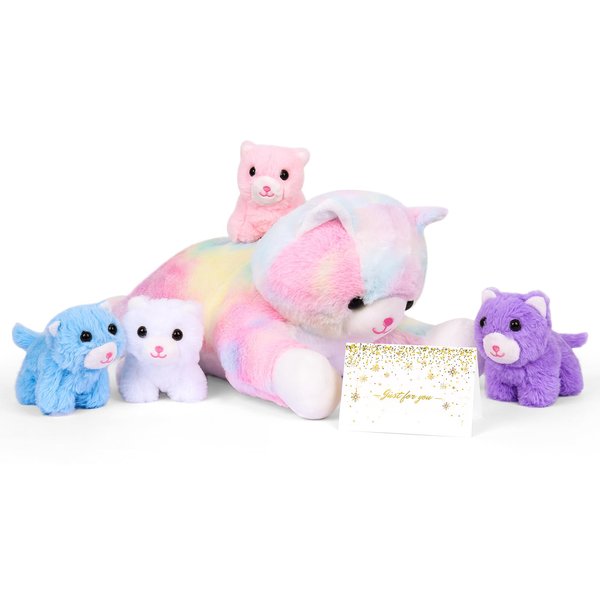 5 Pieces Cat Stuffed Animals for Girls, 1 Big Colorful Mommy Cat with 4 Mini Kittens, Soft Plush Toys for Kids 3 4 5 6 7 8 9 Years, for Baby, Toddler, Girls, Boys