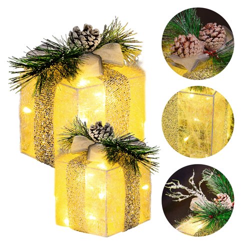 FUNPENY Set of 3 Christmas Lighted Gift Boxes, Plug in 60 LED Light Up Tinsel Present Box Decorations for Outdoor Indoor Christmas Tree, Yard, Home Decor (Max. Size 7.5 x 7.5 x7.1 Inch) (Warm White)