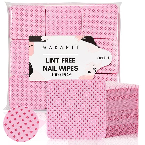 Makartt Lint Free Nail Wipes, Nail Polish Remover Pads 1000PCS Eyelash Extension Glue Wipes, Super Absorbent Soft Non-Woven Acetone Gel Nails Wipes Dry Wipes for Nail Prep and Gel Polish Remover, Pink