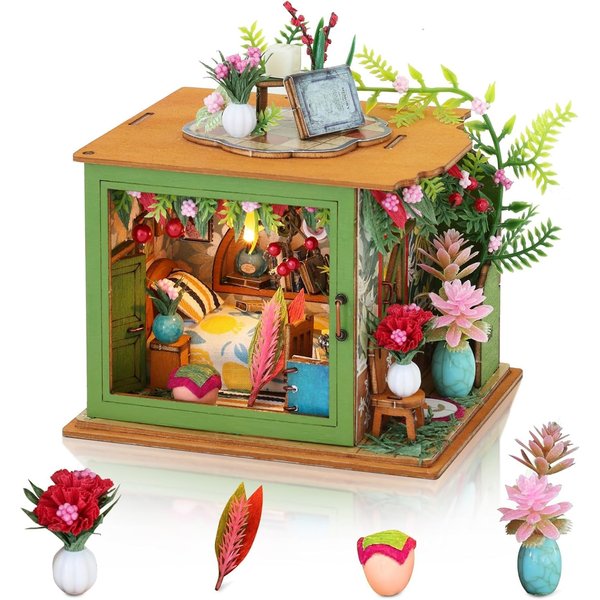 DIY Miniature Dollhouse Kit Wooden Dolls House with LED Creative Room Mini House Building Kit for Birthday Gift (Field hut)