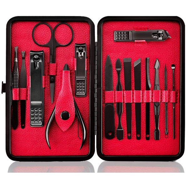 Keiby Citom Professional Stainless Steel Nail Clipper Travel & Grooming Kit Nail Tools Manicure & Pedicure Set of 15pcs with Luxurious Case(Black/Red)