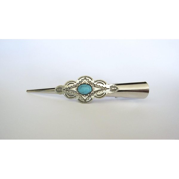 Generic Long turquoise blue stone silver metal tribal design alligator hair clip