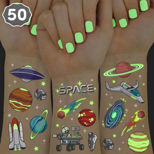 xo, Fetti Space + Planets Glow in Dark Temporary Tattoos for Kids - 50 pcs | Alien Birthday Party Supplies, Astronaut Favors + Rocket ship Decorations
