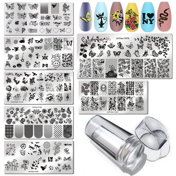 LoveOurHome Nail Stamping Plate Kit Flower Butterfly Lace Animal Fingernails Template Stencil Stamps Plate Silicone Stamper Scraper Manicure Design Tools Set (Butterfly)