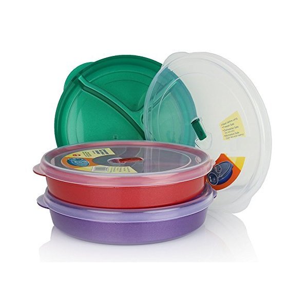 (Set of 3) Chef's 1st Choice Microwave Food Storage Tray Containers - 3 Section / Compartment Divided Plates w/ Vented Lid