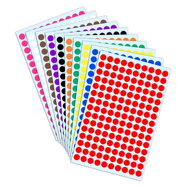 3000 Pack, 0.375" Round Colored Dot Stickers Labels - 10 Colors