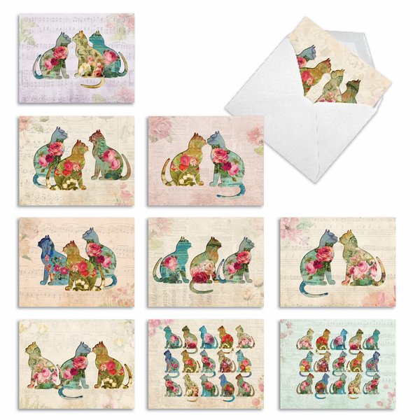 The Best Card Company - 10 All Occasion Blank Cat Cards (4 x 5.12 Inch) - Cute Assorted Bulk Card Set - Catfigurations M6452OCB