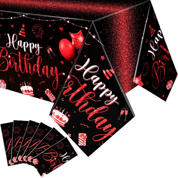 Tudomro 6 Pcs Happy Birthday Tablecloths Happy Birthday Decorations Plastic Table Cover Rectangular Cloths for Women Men Baby Shower Birthday Party Supplies, 108 x 54 Inch (Black Red)