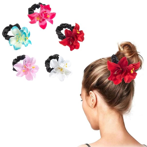 AsggBah 5pcs Pretty Colored Elastic Flower Hair Scrunchies Hair Ties with Bauhinia Flowers Deco Ponytail Hairball Hair Scrunchies for Girls Women