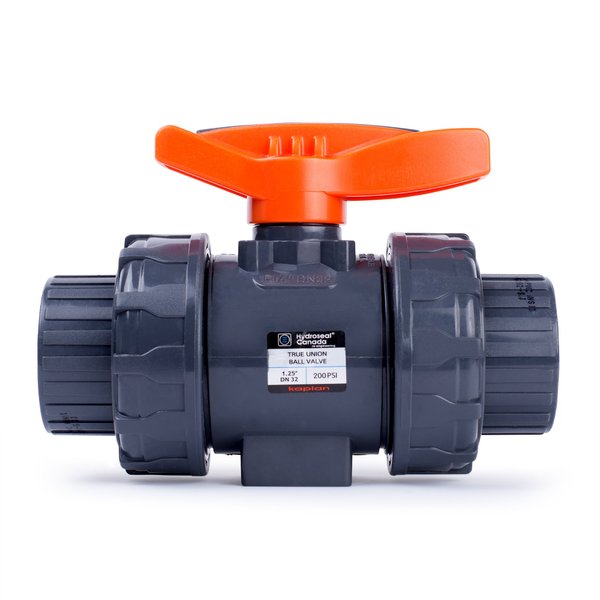 HYDROSEAL Kaplan 1 1/4" PVC True Union Ball Valve with Full Port, ASTM F1970, EPDM O-Rings and Reversible PTFE Seats, Rated at 200 PSI @73F, Gray, 1 1/4 inch Socket (1 1/4")