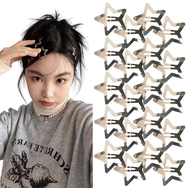 Kefley Y2K Star Hair Clips Silver 20 Pieces Star Shaped Metal Snap Clips for Hair Barrettes Hairpins for Women Girls Egirls Hair Accessories