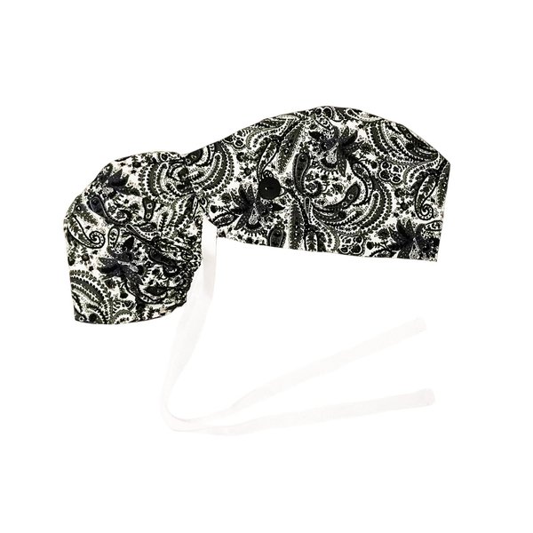 Scrub Cap with Silky Inner - Cotton Hat with Sweatband and Buttons, Adjustable Tie Back Ponytail(Randomly Provide Hair Ring) (Black Flower)