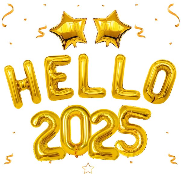 Gold Hello 2025 Balloons Numbers New Years Decorations with Star Balloons for New Years Eve Party Supplies 2025, New Year Balloons for Happy New Year Decorations 2025, NYE Decorations 2025