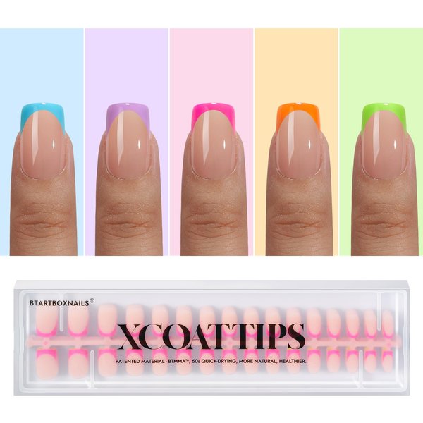 btartboxnails XCOATTIPS French Gel Nails - Brighter Pastel French Tip Press on Nails, Short Square Nail Tips, Soft Gel Nails False Nail, Soak Off Acrylic Fake Nails Extensions