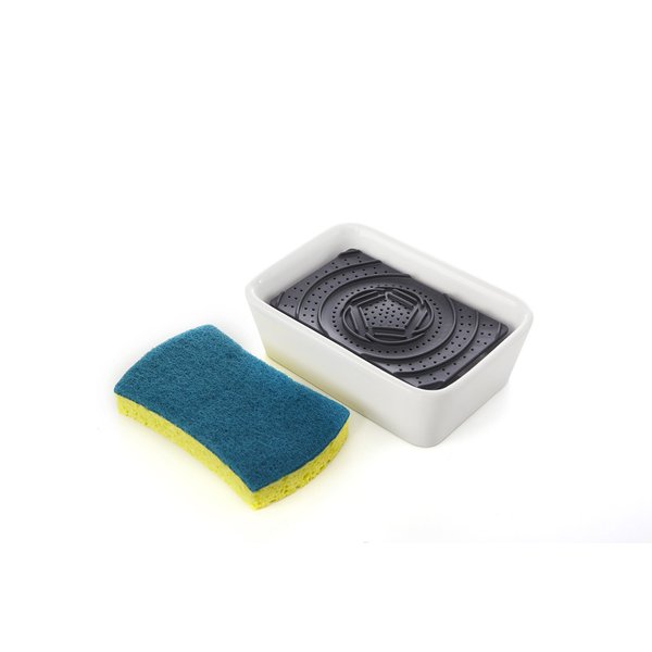 Full Circle Bubble Up Ceramic Soap Dispenser & Scrubber Sponge Set, White