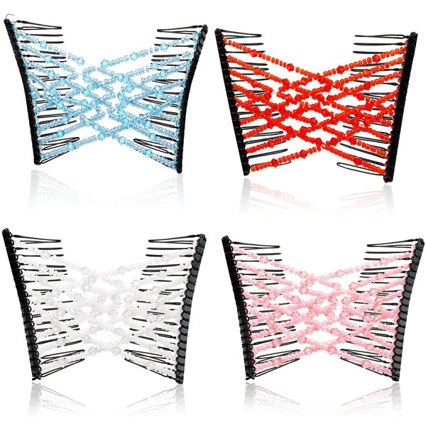 4 PCS Magic Elastic Hair Comb, Stretch Bead Pearls Hair Clips Double Slides Stretching Crystal Hairpins Combs for Women Girl Popular DIY Hair Styling Accessories ( Red Blue White Pink )