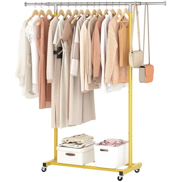 JIUYOTREE Rolling Clothes Rack with Shelf Clothing Garment Rack with Wheels Width Adjustable Clothing Organizer for Hanging Clothes Shirts Pants Skirts and Bags Gold