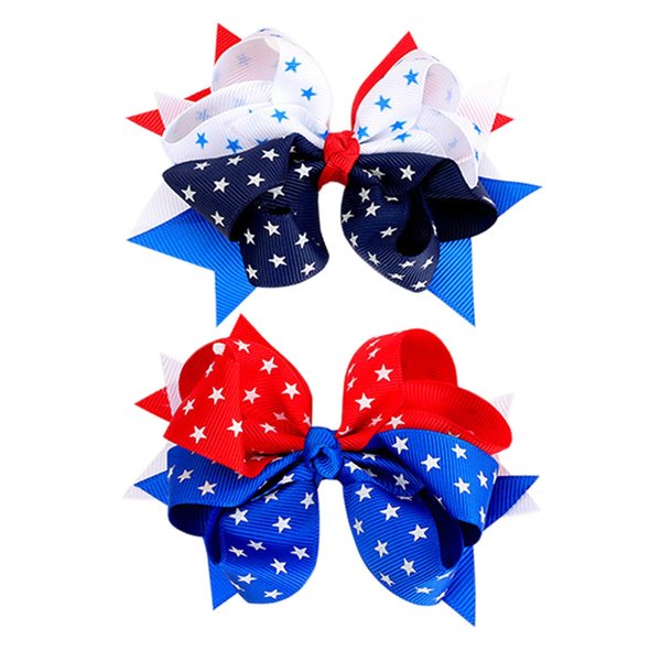 Girl Hair Clip Hair Bows Grosgrain Ribbon Hair Bow Hair Accessories for 4th of July 2 Pack ZFJ24 (Star Set)