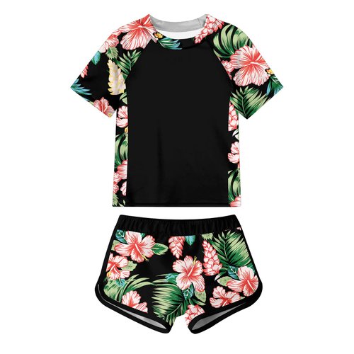 ADUKIDE Size 11 12 Kids Girl Rash Guard Swimsuit 2 Piece Tankini Set Flower Short Sleeve Bathing Suit with Shorts UV Protection