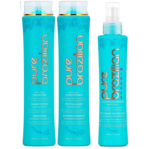 Pure Brazilian - 3 Piece Daily Essentials Kit - Anti Frizz Shampoo, Conditioner, And Miracle Leave-In Conditioner- With Keratin, Cocoa Butter, and Bulgarian Rose Water