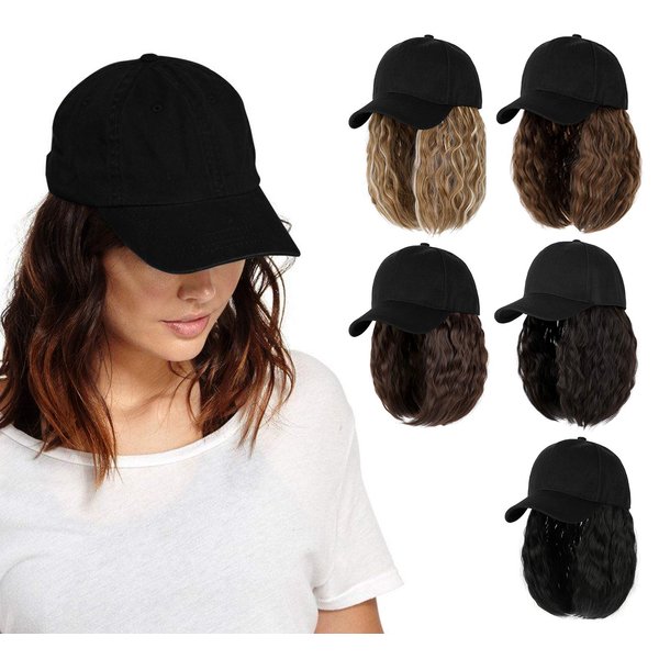 AynnQueen Baseball Cap with Hair Extensions for Women Adjustable Hat with Synthetic Wig Attached 8inch Kinky Curly Hair Black Baseball Cap (Medium Brown)