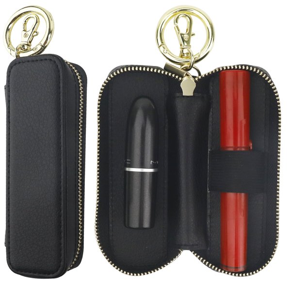 Bocasal Leather Lipstick Case Holder Chapstick Keychain Pouch, Zipper Lip Balm Lip Gloss Bag for Purse with Key Chain Elastic Band, Makeup Travel Organizer Cosmetic Storage Kit for Women Girls (Black)
