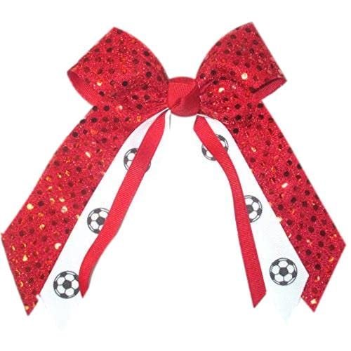 Soccer Sequin Hair Bow, Made in the USA, White Pony Band, many colors (Red)