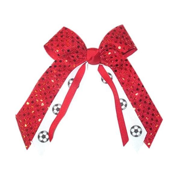Soccer Sequin Hair Bow, Made in the USA, White Pony Band, many colors (Red)