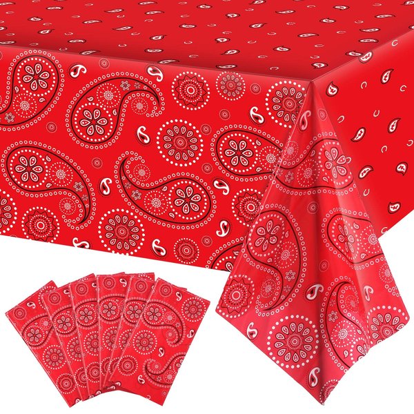 Western Party Tablecloth Paisley Table Cover Bandana Plastic Table Cloth Rectangle Floral Tablecloth for Western Cowboy Themed Party Decorations, 108 X 54 Inches (Red, 6 Pack)