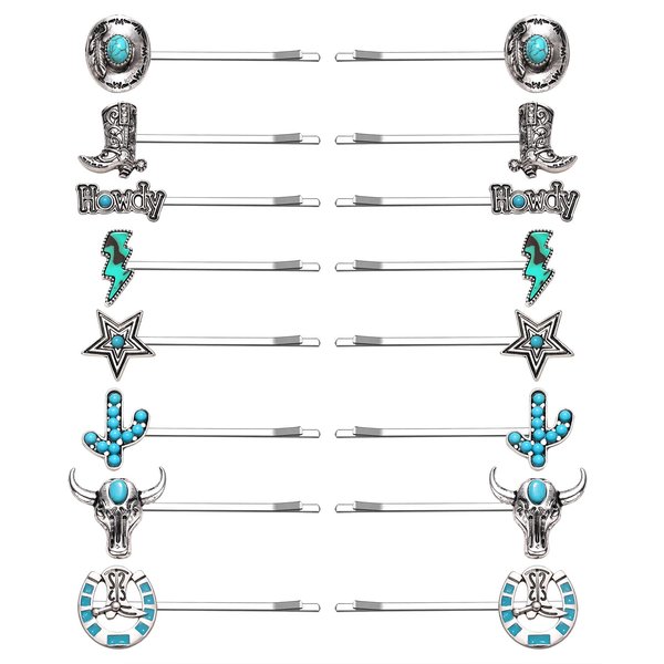 16Pcs Western Turquoise Hair Pins Southwestern Country Cowgirl Bobby Pins Cowboy Hat Boot Cactus Star Lightning Hair Clips Barrettes Boho Women Girl Decorative Bobby Pin Hair Accessories (16 pcs