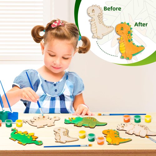 Dinosaur Party Favors - Pre-Packaged Set of 12 DIY Wooden Dinosaur Painting Set with Paint & Personalized Cards