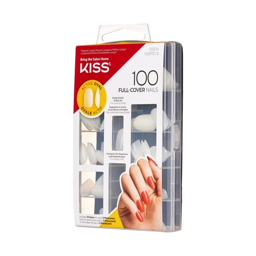 KISS 100 Full-Cover Nails, Press-On Nails, Nail glue included, 'Active Oval' Shape, Clear, Medium Size, Oval Shape, Includes 100 Nails, 3g Maximum Speed Nail Glue