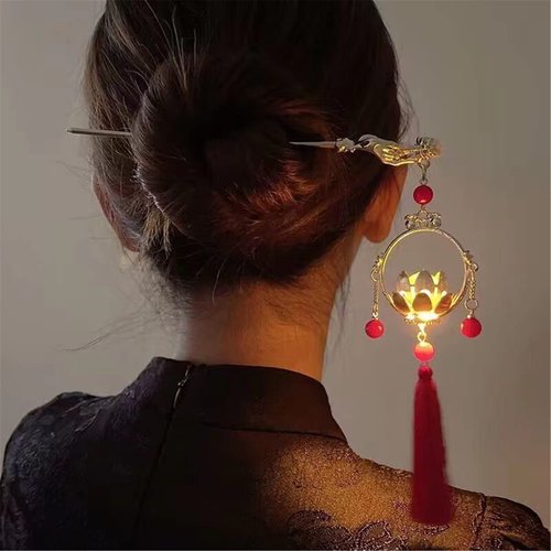 Chinese Hair Accessories Hair Stick Lantern Light Tassel Hairpins Coiled Hair Vintage Hair Bun Hair Pin for Women Red 1pc