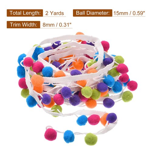 uxcell 2 Yards Pom Pom Ball Fringe Trim, Ribbon Sewing DIY Crafts Accessory for Home Curtain Clothes Pillow Decoration, Multicolor