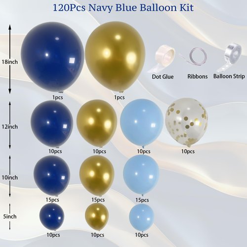 ECEAE 120Pcs Navy Blue Pastel Blue and Metallic Gold Balloon Garland Arch Kit with Golden Confetti Balloons, Perfect for Party Decorations, Weddings, Baby Showers, Graduations and Birthdays