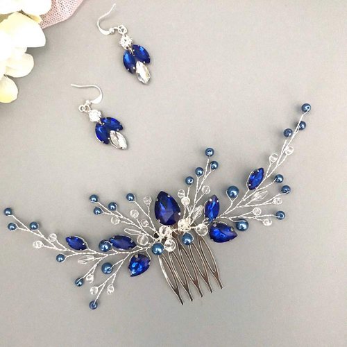 BERYUAN Women Royal Sapphire Crystal Blue Pearl Earring Hair Vine Set Silver Wedding Hair Accessory Hair Comb Piece Gift for Her Party Headpiece for Bride Bridesmaid Girls(Blue) (Blue)