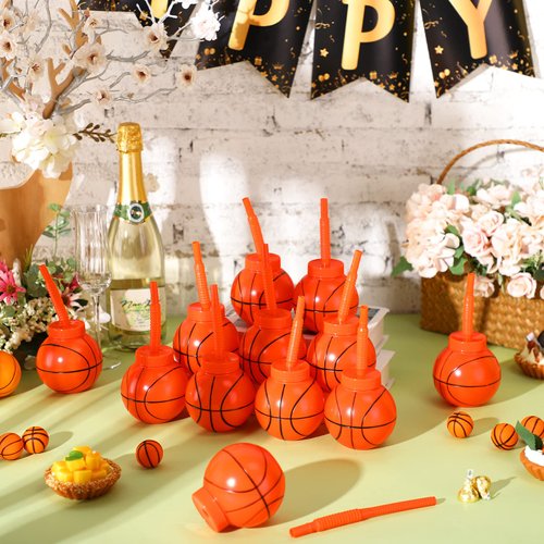Amyhill 12 Set Basketball Cups Bulk with Straws and Lids 10 oz Plastic Reusable Basketball Ball Shape Cups Set Basketball Party Favors For Kids Birthday Sports Basketball Theme Party Supplies