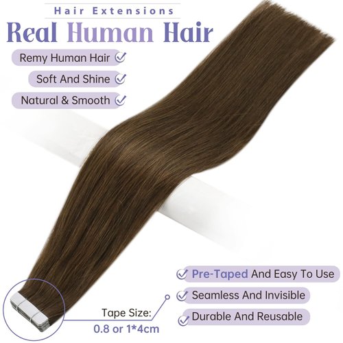 Full Shine Tape in Hair Extensions Human Hair Color 4 Medium Brown Hair Tape In Extensions 12 Inch Tape In Human Hair Extensions 30 Grams 20 Pcs Remy Tape In Hair