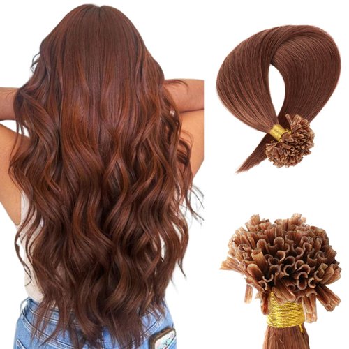 Saisifen Curlable U-tip Human Hair Extensions 33# Copper Brown 50g 100 Strands Keratin Nail Tip Hair Extension Straight Brazilian Remy Hair 16 Inch (40cm)