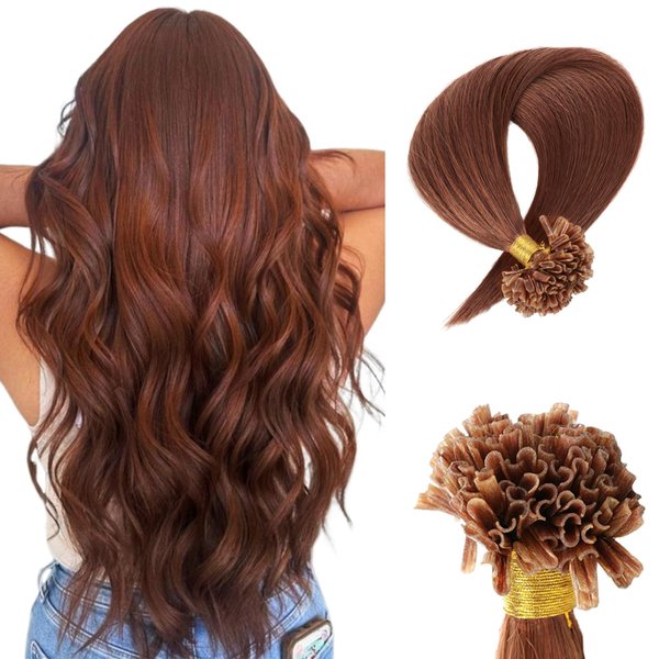 Saisifen Curlable U-tip Human Hair Extensions 33# Copper Brown 50g 100 Strands Keratin Nail Tip Hair Extension Straight Brazilian Remy Hair 16 Inch (40cm)