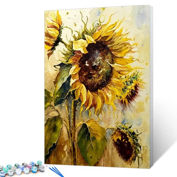 Abstract Sunflowers Painting by Numbers for Adult Kids Yellow Flowers Paint by Numbers on Canvas Ocean Tropical Plants Easy to Paint with Brushes and Acrylic Pigment Room Decor 16x20inch (DIY Framed)