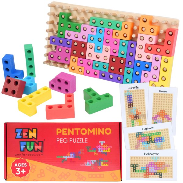 Zen Fun Pentomino Peg Puzzle - Wooden Pattern Blocks for Kids, Tangram and Montessori Puzzle, Animal Tetris Board Game for Kids, Wooden Puzzles for Kids Ages 4-8 - (32 Pieces)