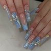 BABALAL Long Square Press on Nails Blue French Fake Nails Glitter Glue on Nails 3D Butterfly Rhinestone Flower Acrylic Nails Squoval Manicure False Nails for Women and Girls