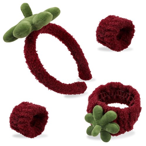 Ivyu Spa Skincare Headbands& Wristband Set，Cute Strawberry Makeup Headband For Women Girls,Non Slip Sponge Headband，Skincare-Padded Soft Thick Terry Cloth Hair Band Accessory.
