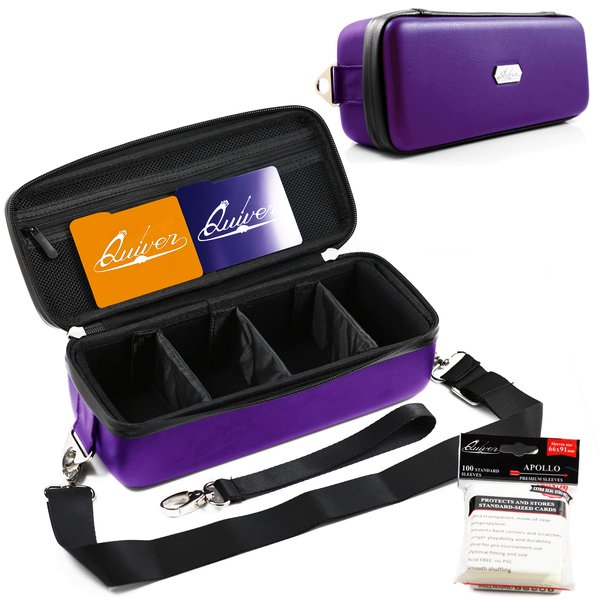 Quiver Time Purple Bolt Card Carrying Case - Playing Card Case Holder for Trading Cards, MTG Card Storage Bag Deck Box Card Case (+Wrist & Shoulder Strap, Dividers + 100 Apollo Card Sleeves)