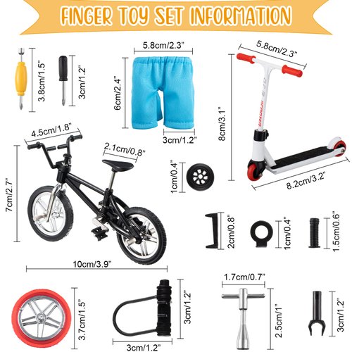 Zomiboo 18 Pieces Finger Toy Set Including Alloy Finger Bikes, Finger Scooter, Finger Pants, Replacement Wheels, Bike Lock and Mini Tools Movement Party Favors(Black, White, Blue)