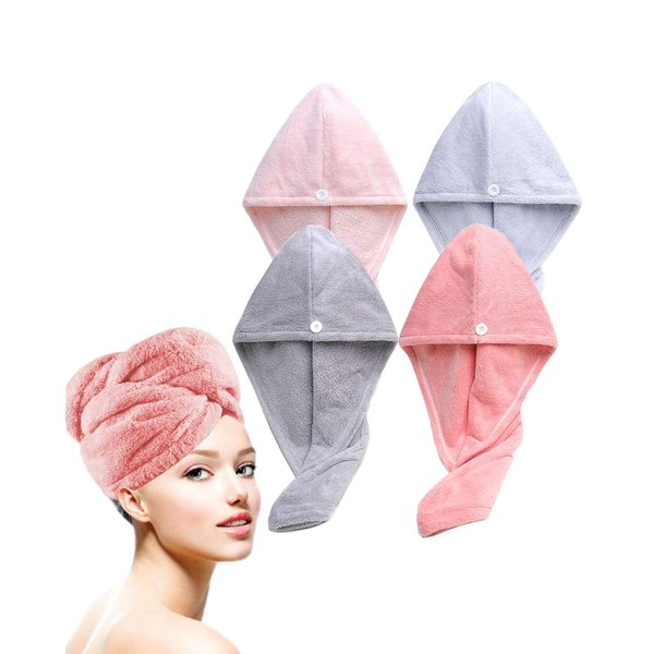 Bath Pre Dry Hair Towel 4-Piece Set Quick Dry Extra Absorbent Lightweight Turban with Button Hair Drying Wrap Bathroom Girl Friend Family Mom Gift