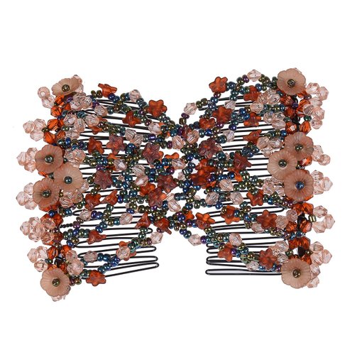 Ruihfas Vintage Beaded Crystal Flower Easy Stretchy Double Clips Hair Comb Hair Accessories (Coffee)