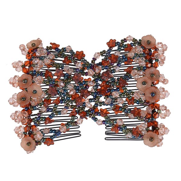 Ruihfas Vintage Beaded Crystal Flower Easy Stretchy Double Clips Hair Comb Hair Accessories (Coffee)